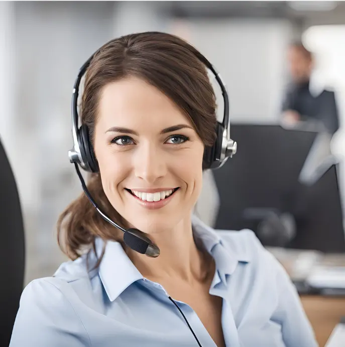 A woman with a headset smiles in an office setting.