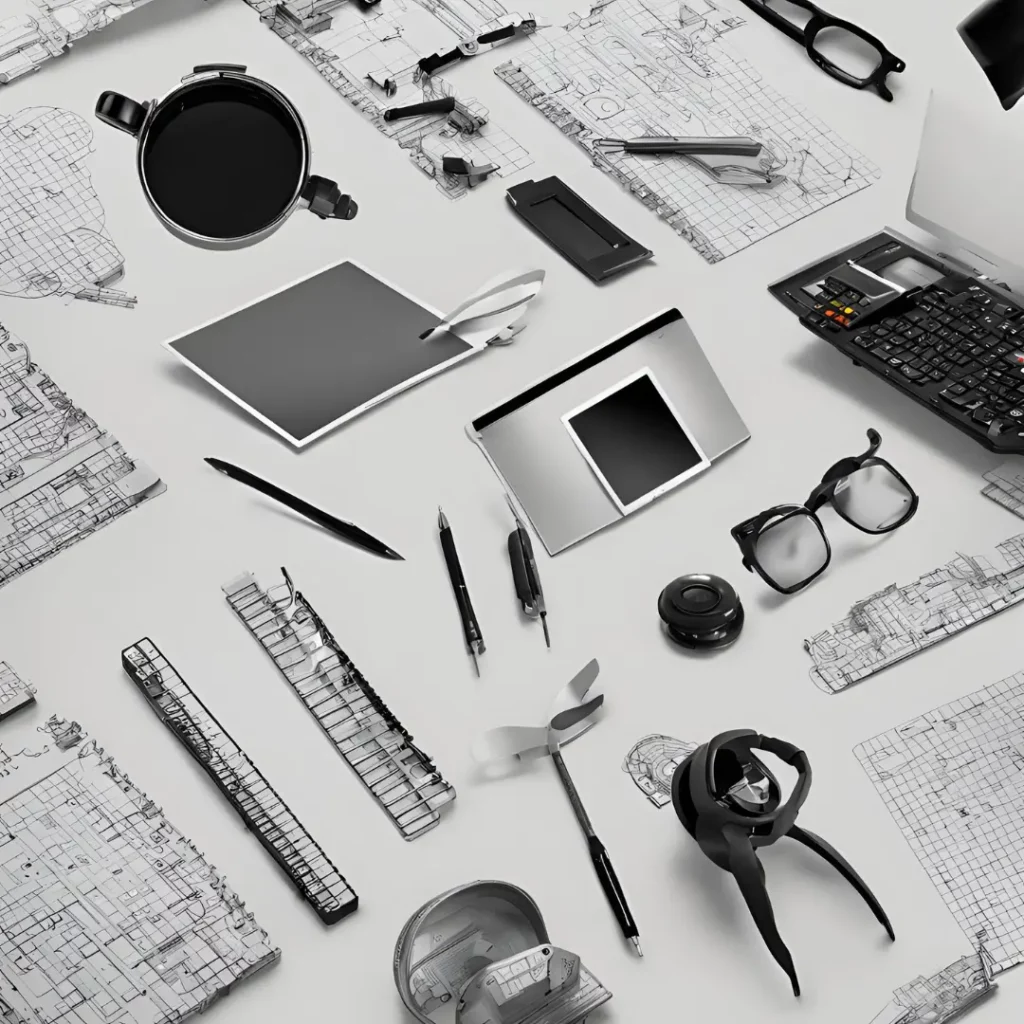 An individual using a laptop at a workstation with miscellaneous items nearby.