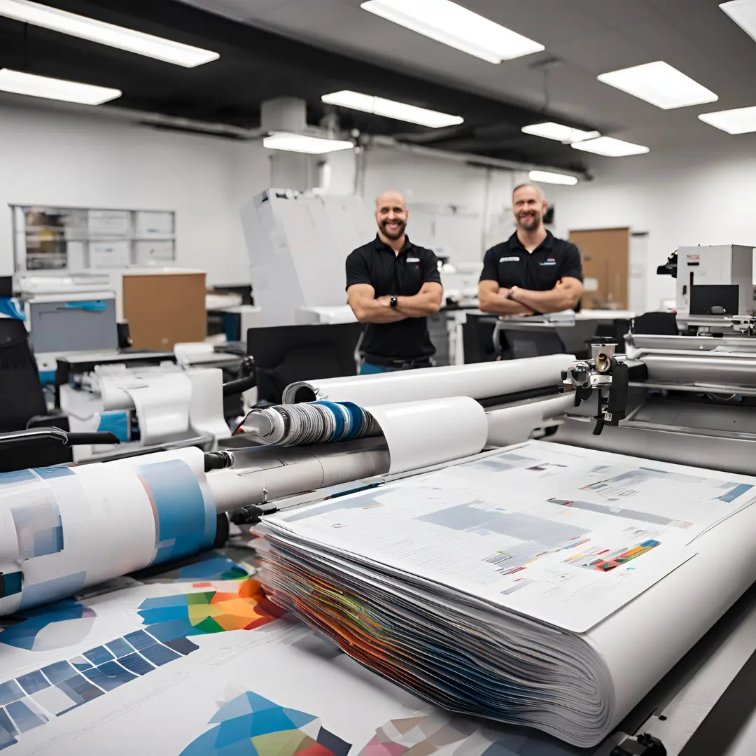 Two men standing in front of a large printer in an office setting.