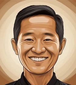 A smiling cartoon portrait of an Asian man.