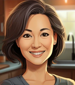 A woman with a bright smile standing in a cozy kitchen.