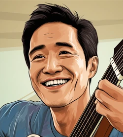 A man happily holds a guitar, smiling.