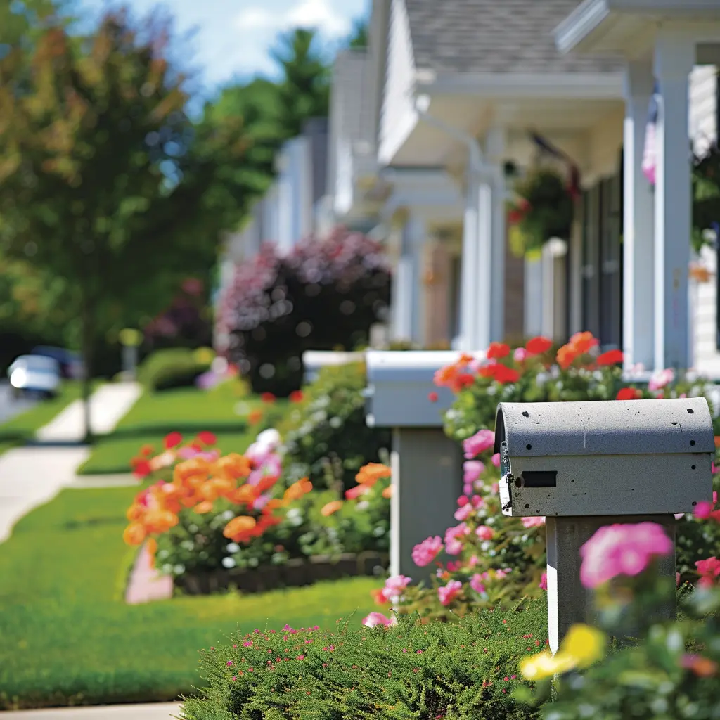 A row of mailboxes in a residential area.