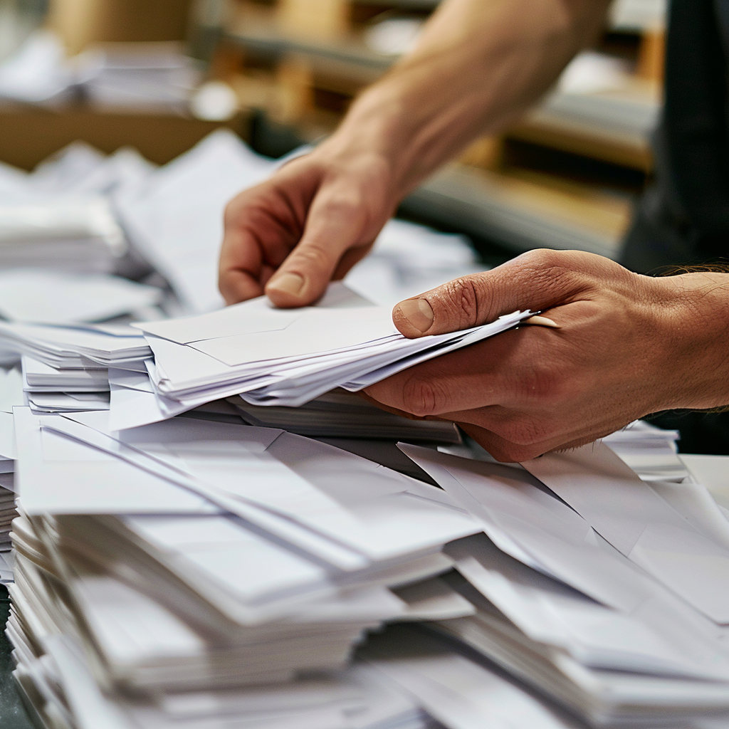 A person sorting through envelopes on a desk.