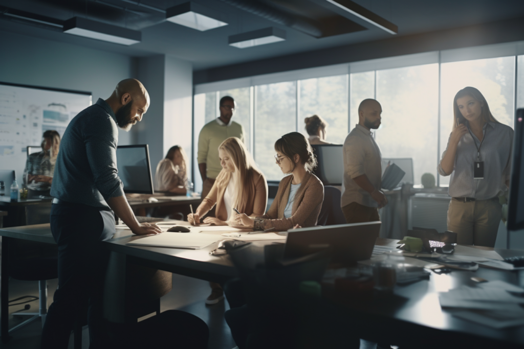 A diverse group of people working in a modern office with large windows feels like a second home. Some are seated at desks collaborating over documents, while others are standing and discussing. The well-lit space, bathed in natural light, fosters a productive and dynamic atmosphere.