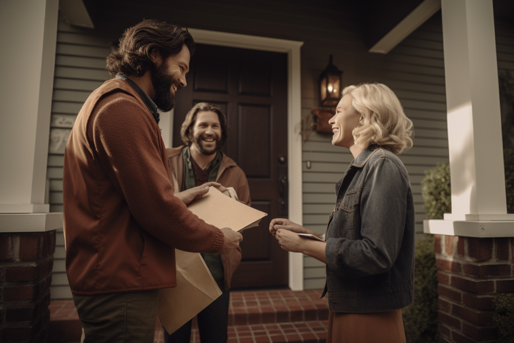 Three people are standing on a porch, smiling and engaging in conversation. One person is handing a package to another, while the third person looks on cheerfully. The porch has brick steps and a wooden door, with a small light fixture beside it. It's our story unfolding in a picturesque setting.